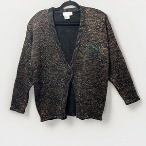 Vintage 80s Chunky Cardigan Womens Large‎ One Button Black Gold Shimmer Vibes